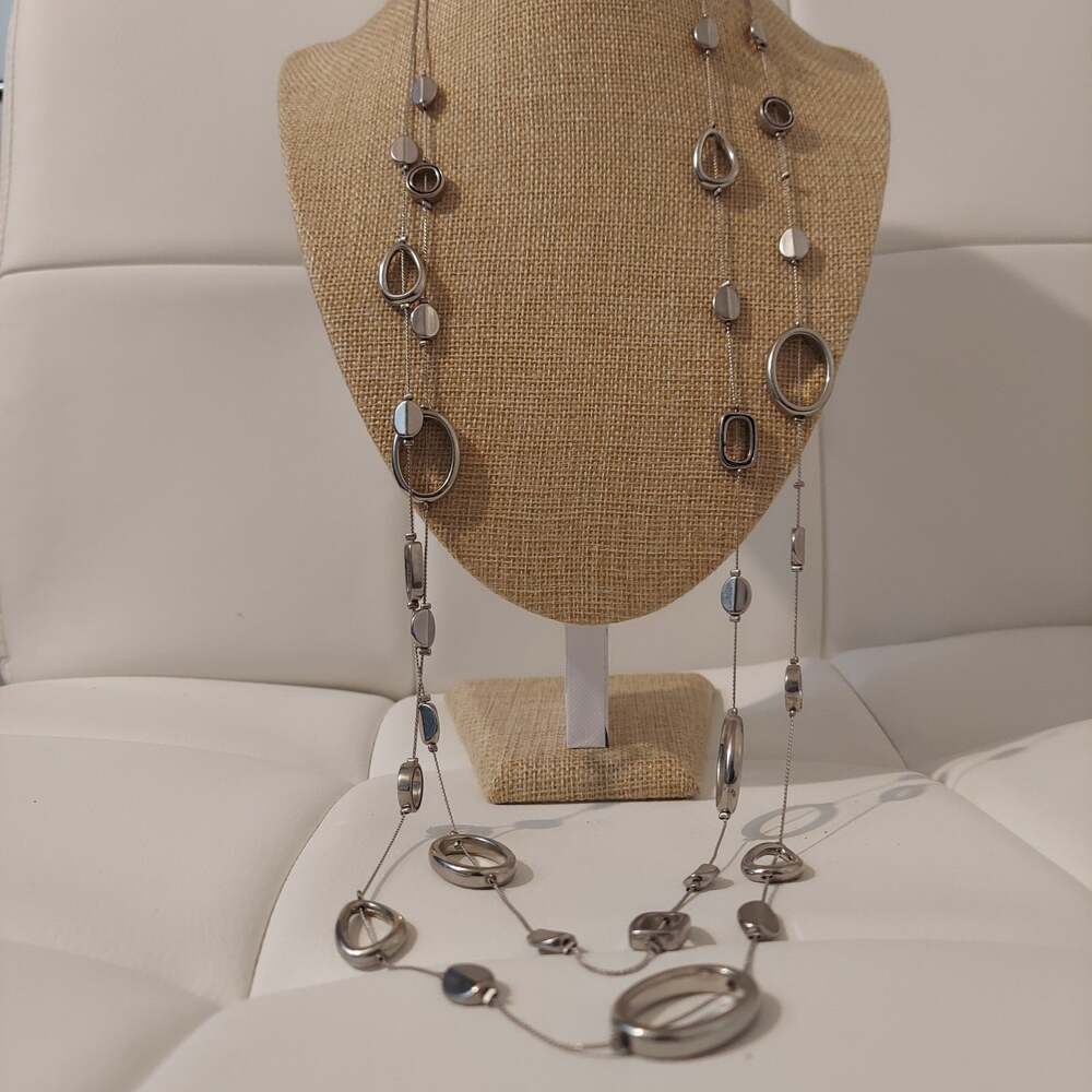 NY Silver Tone Stations and Hoops 2 Strand 36" Necklace